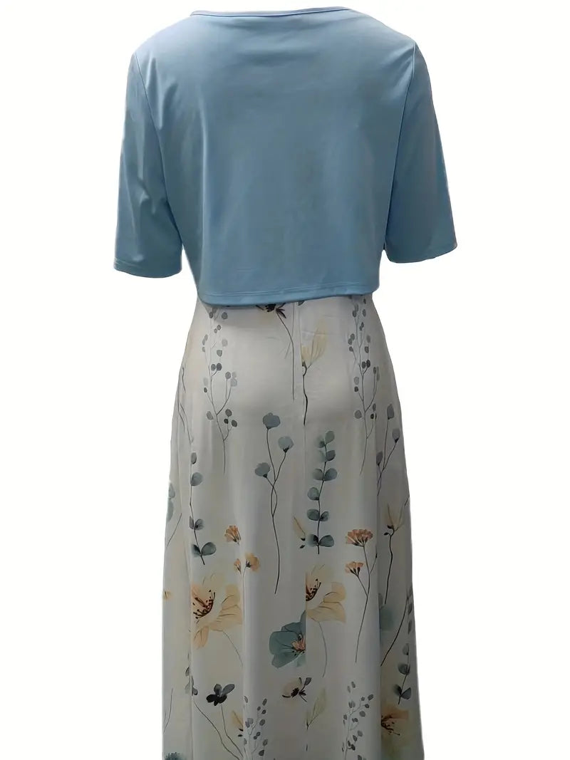Chic Floral Two-Piece Dress Set Featuring Solid Crop Top and Round Neck