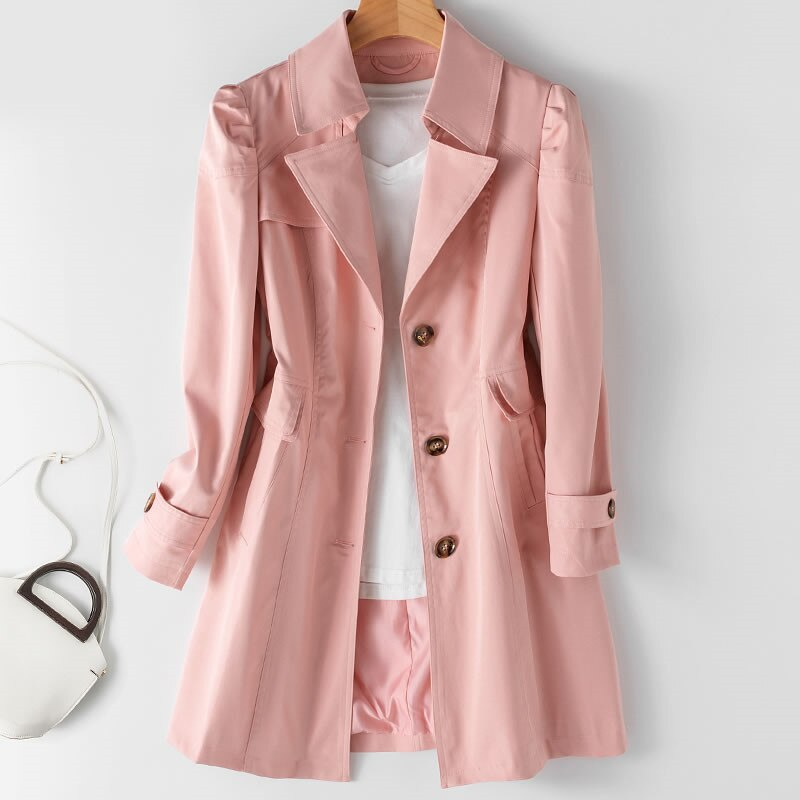 Women's One-Button Trench Coat with Padded Shoulders