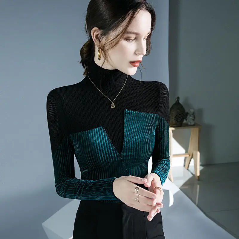 Chic Velvet Patchwork Turtleneck Sweater