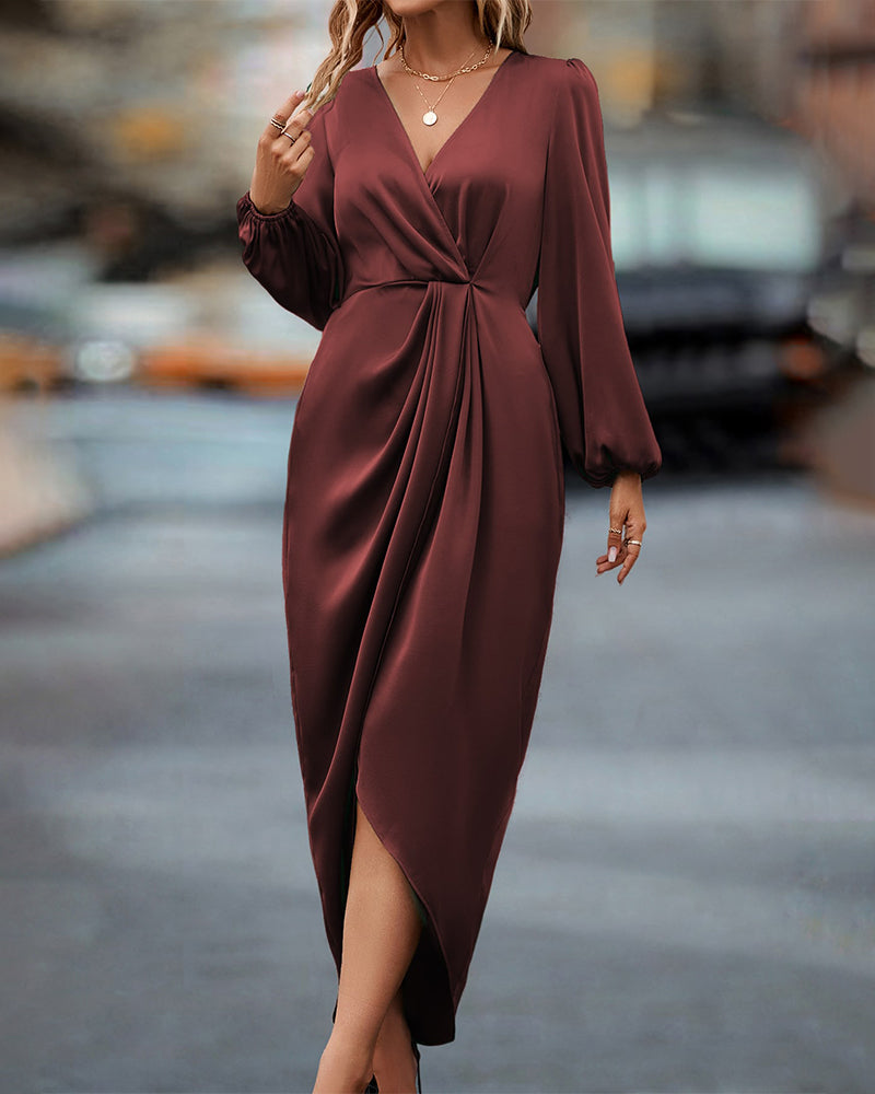 Gracia - Chic V-Neck Dress with Elegant Lantern Sleeves