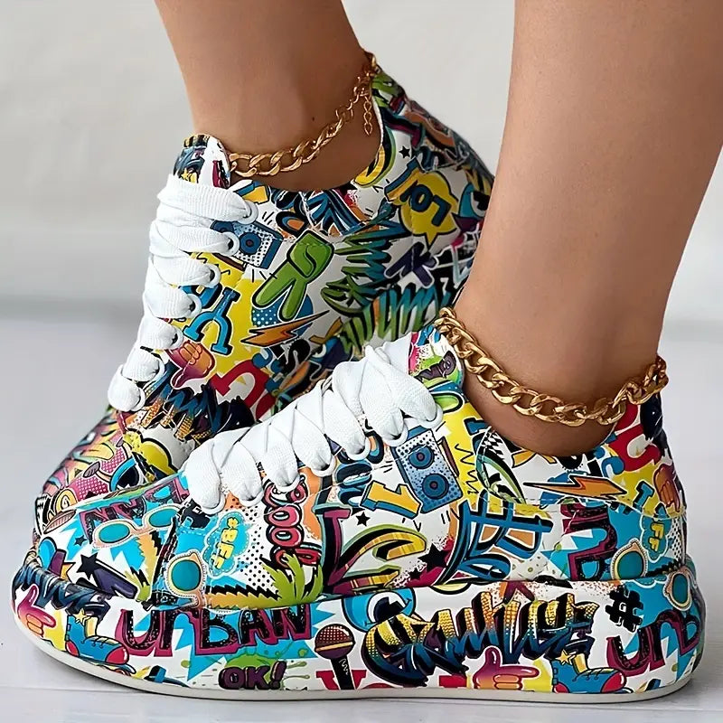 Women's Layered Sneakers with Graffiti Print