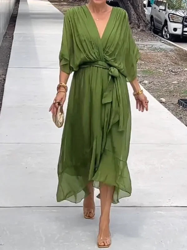 Green V-Neck Chiffon Dress for Women - Perfect for Summer