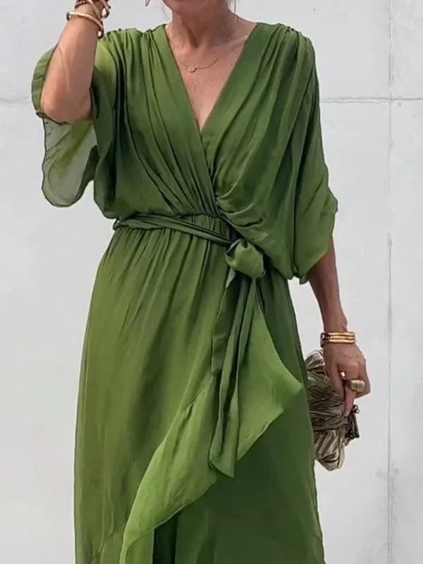 Green V-Neck Chiffon Dress for Women - Perfect for Summer