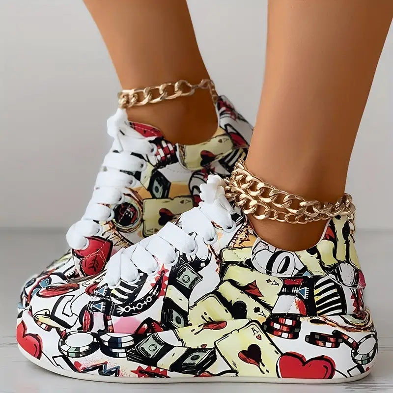 Women's Layered Sneakers with Graffiti Print