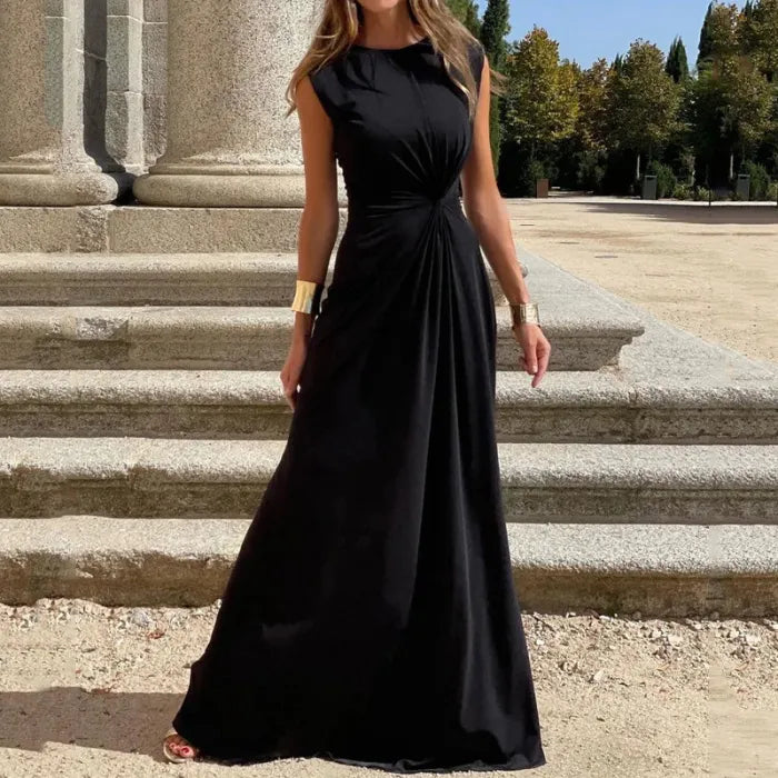 Elegant Women's Long Sleeve V-Neck Maxi Dress - Solid Color Evening Attire