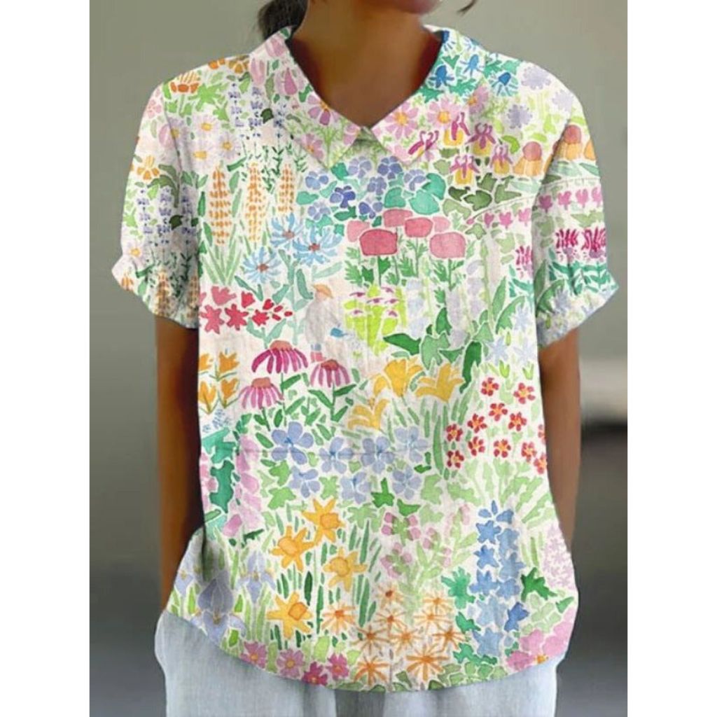 Floral Print Cotton Blouse with Pastoral Design