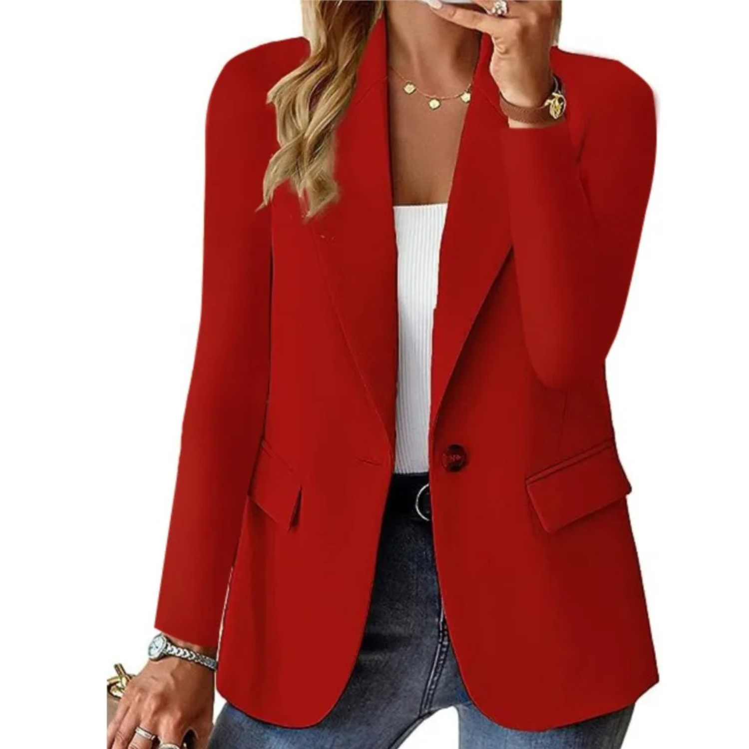 Women's Button-Up Blazer Featuring Functional Pockets