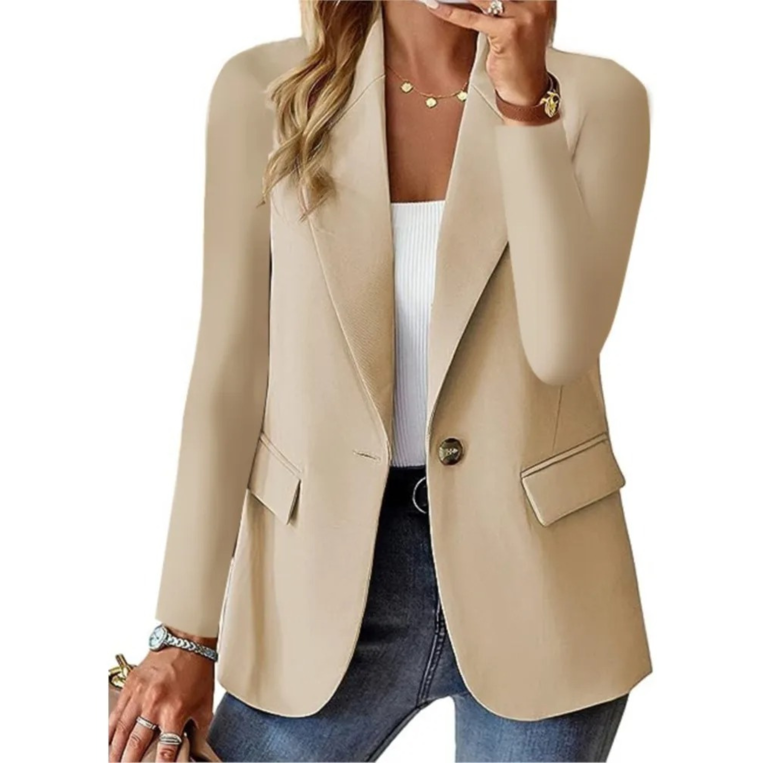 Women's Button-Up Blazer Featuring Functional Pockets