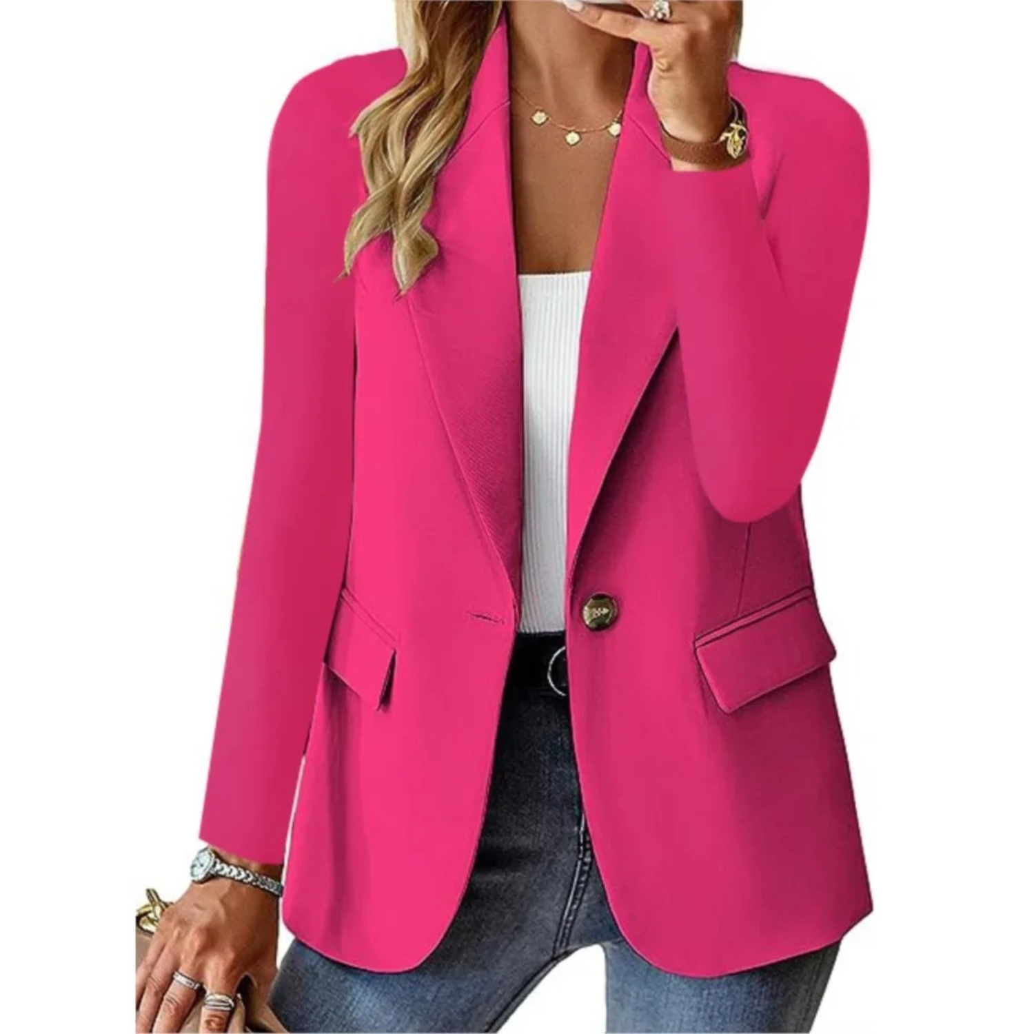 Women's Button-Up Blazer Featuring Functional Pockets
