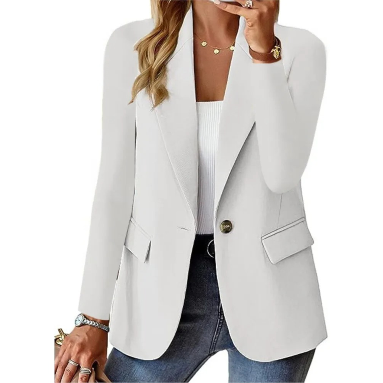 Women's Button-Up Blazer Featuring Functional Pockets