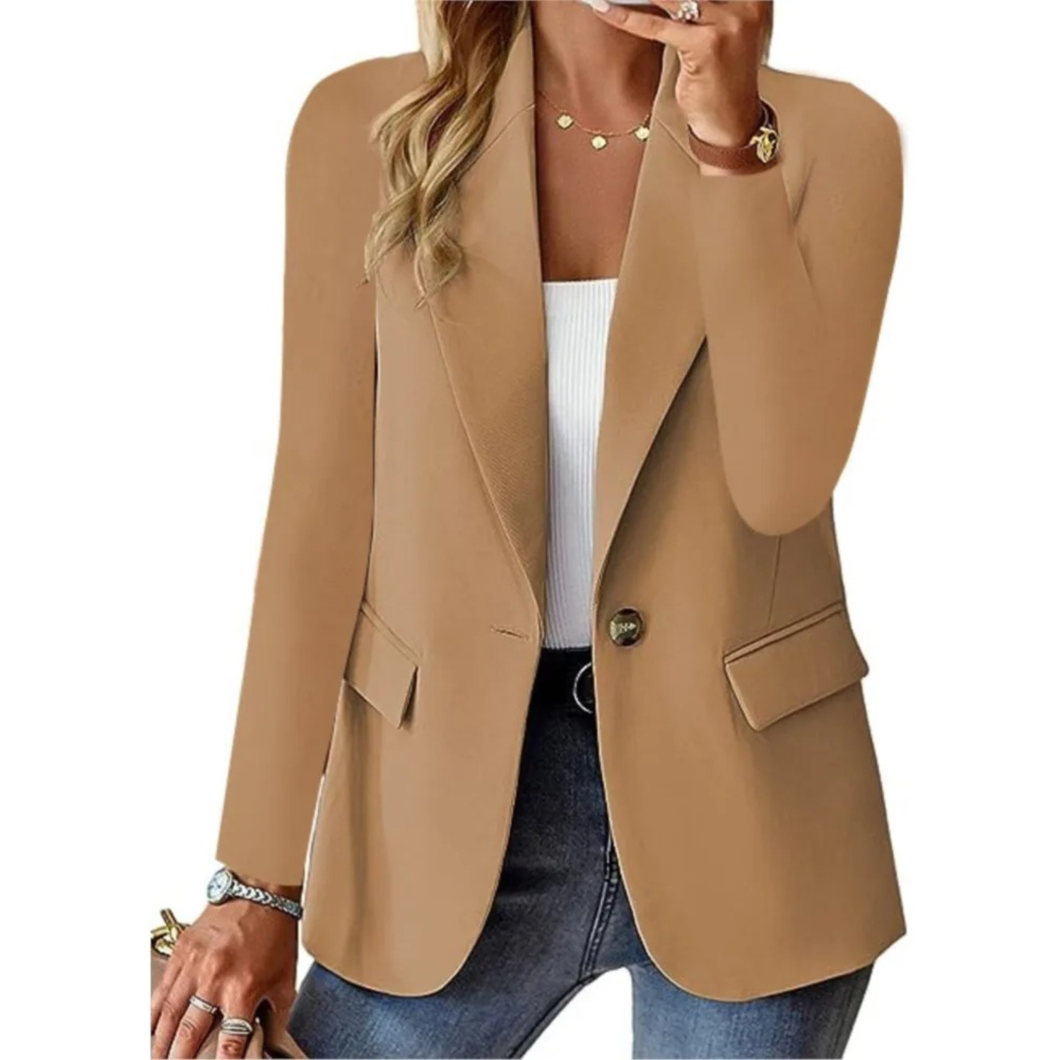 Women's Button-Up Blazer Featuring Functional Pockets