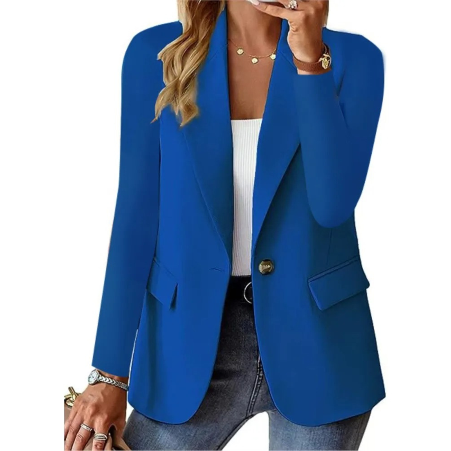 Women's Button-Up Blazer Featuring Functional Pockets