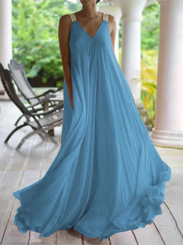 Chloë - Women's Sleeveless V-Neck Boho Maxi Dress for Summer in Solid Color, Relaxed Fit