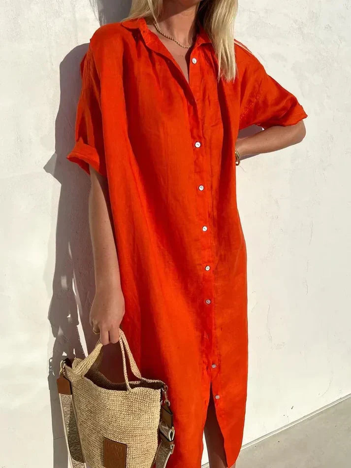 Chic Cotton-Linen Women's Dress with Wide Sleeves and Button Details
