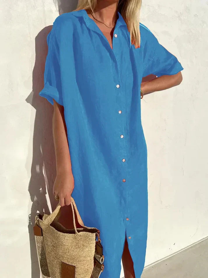 Chic Cotton-Linen Women's Dress with Wide Sleeves and Button Details