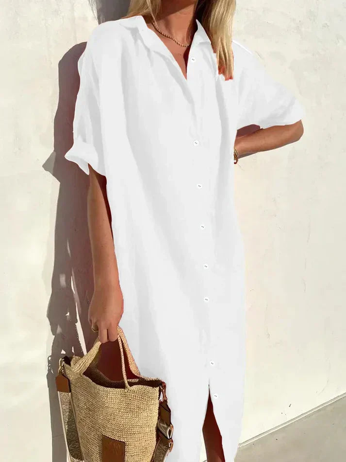 Chic Cotton-Linen Women's Dress with Wide Sleeves and Button Details