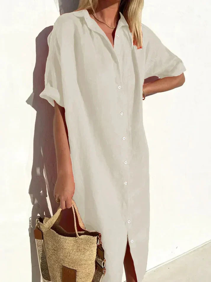 Chic Cotton-Linen Women's Dress with Wide Sleeves and Button Details