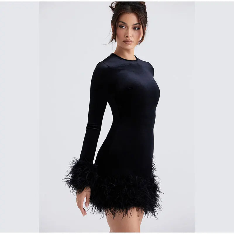 Chic Sheath Dress Featuring Feather-Trimmed Sleeves