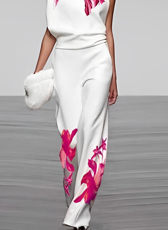 Floral Print Turtleneck and Wide-Leg Pants Ensemble