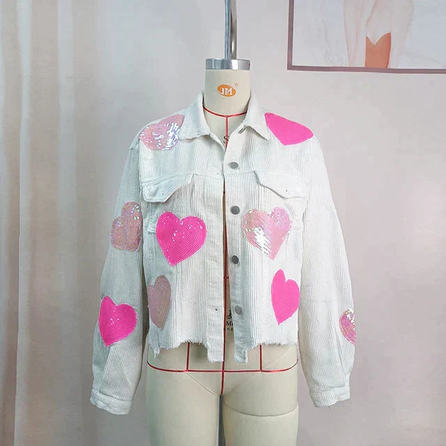 Heart-Embellished Sequin Corduroy Jacket