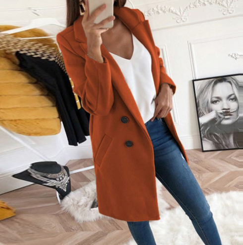 Womens Notched Collar Double-Breasted Wool Coat