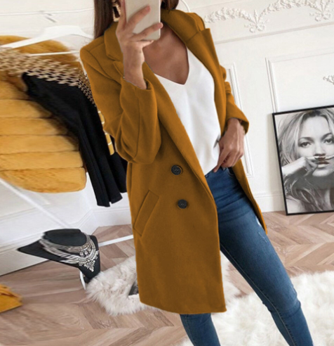 Womens Notched Collar Double-Breasted Wool Coat