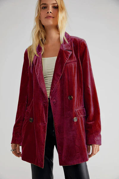 Stylish Long-Sleeve Velvet Blazer with Button Fastening