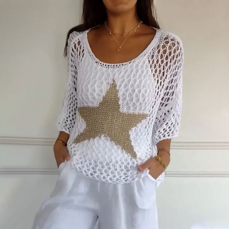 Women's Crochet Knit Mesh Blouse with Round Neck